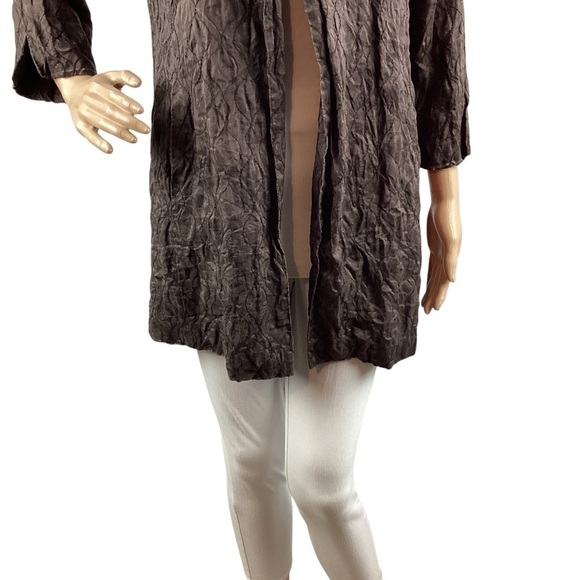 Eileen Fisher Textured Silk Crinkle Jacket Brown Open Front Small - Picture 3 of 7